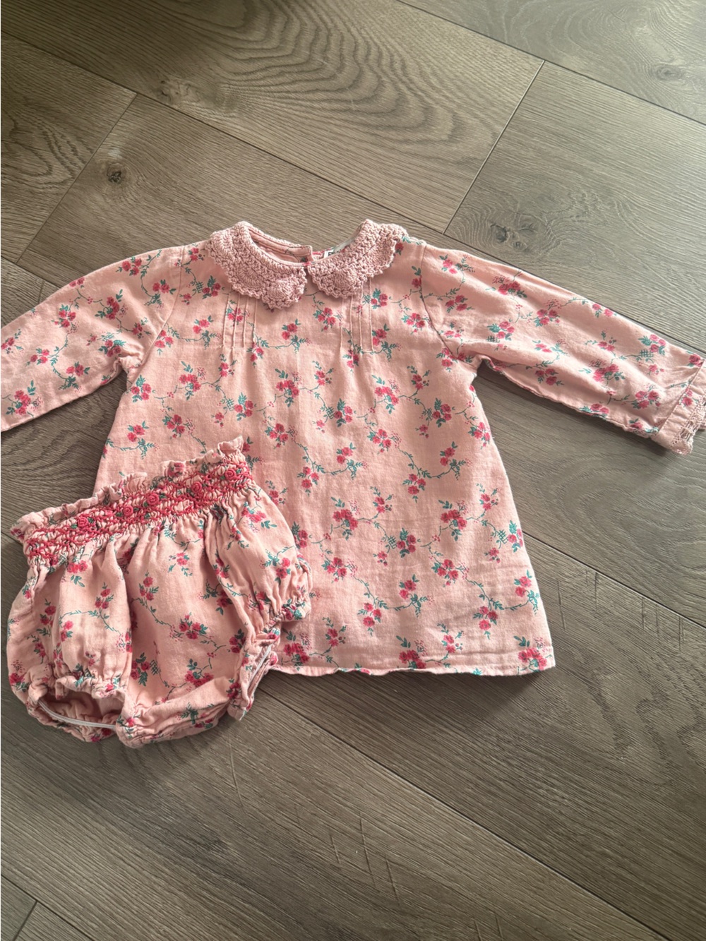 Emile & Ida Pink Floral Baby Dress & Bloomer Set 6 Month